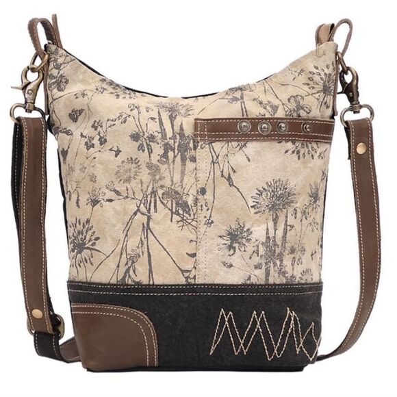 Myra Solidaster Crossbody Shoulder Upcycled Bag Leather Canvas Studded Floral - Picture 1 of 16